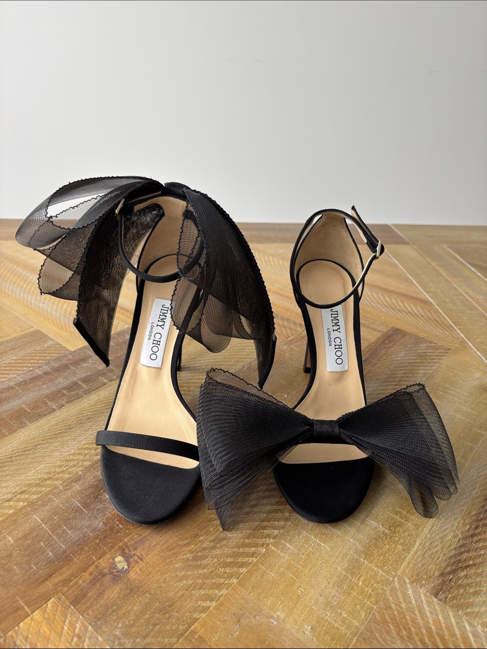 Jimmy Choo Black Tulle Bow Ankle-Strap Heels - Picture 2 of 6